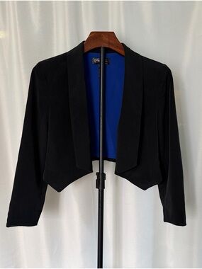 Aeropostale Black Cropped Open-Front Blazer with Blue Lining